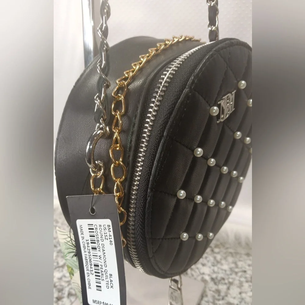 NWT Badgley Mischka Round Quilted Pearl Studded Small Black Crossbody Bag